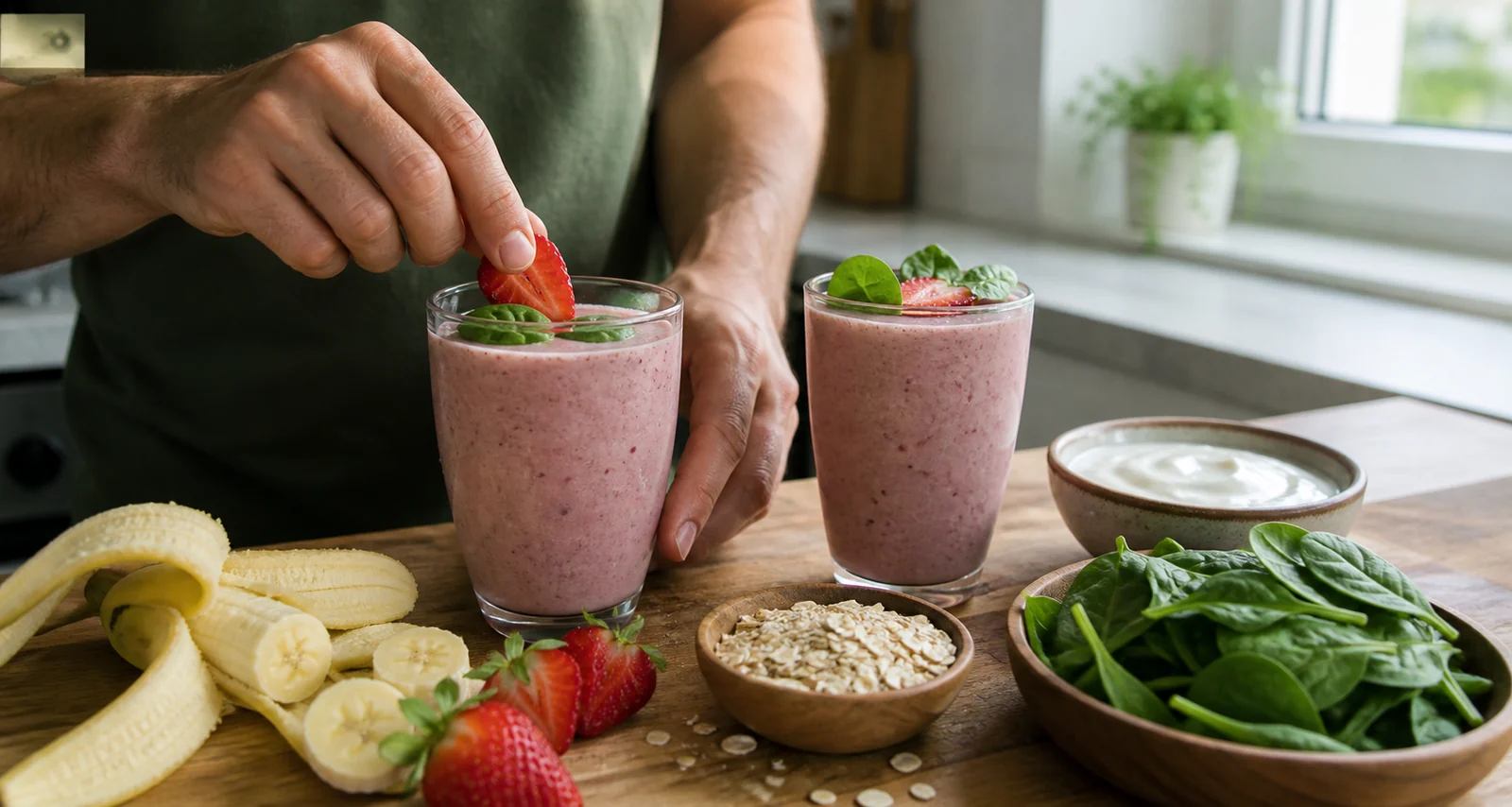 Batidos nutritivos preparados con fruta, avena, yogur y espinacas